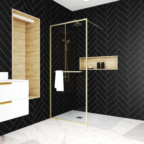 paroi de douche or doré brossé 100x200cm - porte-serviette et etagère (1/5)