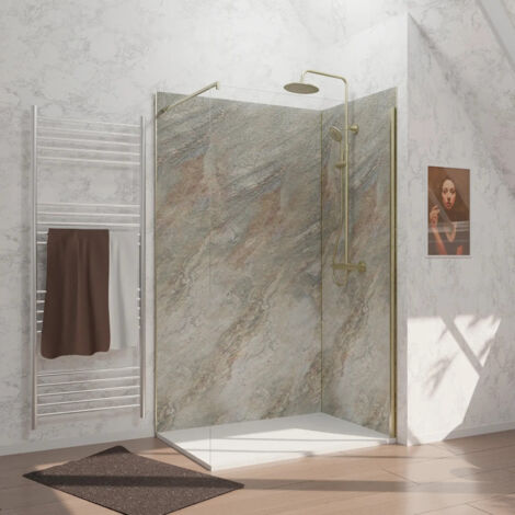 pack 2 panneaux muraux pierre wood stone 120+90x210 cm + profilés or brossé (1/4)