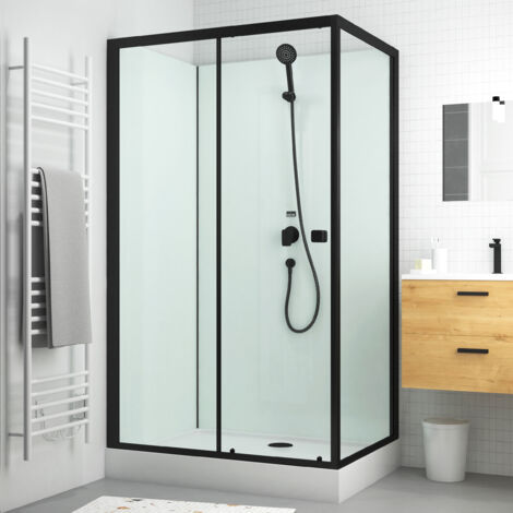 cabine de douche rectangulaire 110x80x197 cm - porte coulissante - fonds blancs & profilés noir mat