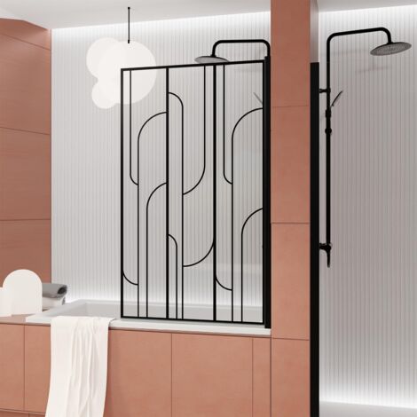Aurlane – Pare-baignoire rabattable 80x140cm – Verre trempé 5mm – Sérigraphie art déco noire mate – Montage réversible à gauche ou droite (1/4)