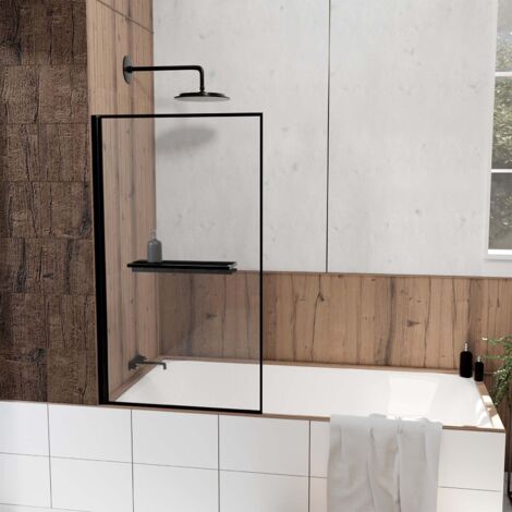 pare baignoire rabattable 80x140 cm en verre trempé - porte-serviette et etagère noir mat