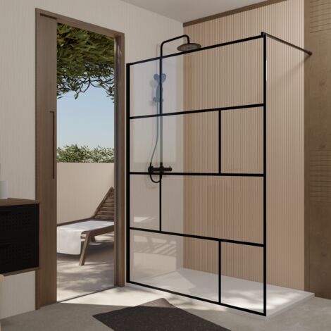 paroi de douche serigraphie briques 140x195cm - verre anticalcaire 8mm - profilé noir mat