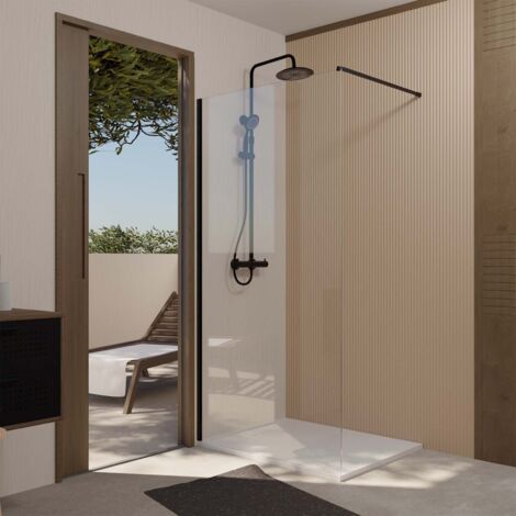 paroi de douche 100x200cm en verre trempé transparent 8mm anticalcaire - profilé noir mat - lina