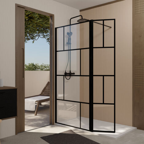 paroi de douche avec volet pivotant 90+40x195cm - verre 8mm anticalcaire - motifs et profilés noir