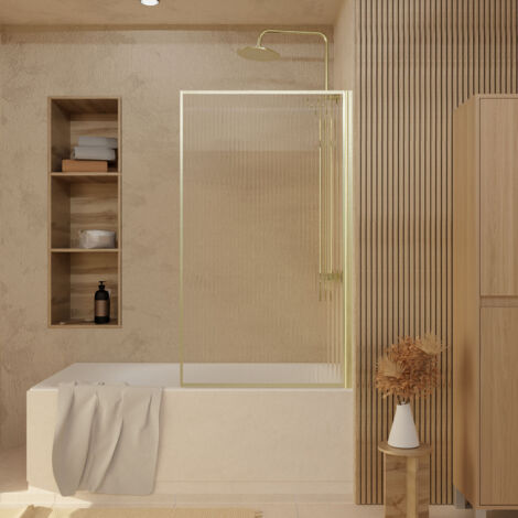 pare baignoire rabattable 80x140cm - profilé or doré brossé - verre trempé ondulé 5mm