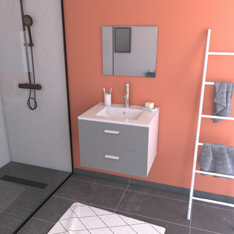 Meuble salle de bain 60cm monté suspendu Gris - avec tiroirs - vasque et Miroir - Box-in 60 Grey