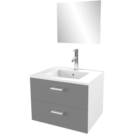 Meuble salle de bain 60 cm suspendu 2 tiroirs Gris avec vasque et miroir -  BOX-IN 60 GREY - Aurlane