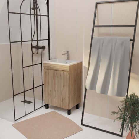 meuble de salle de bains 50 cm décor chêne naturel à portes avec vasque céramique blanche