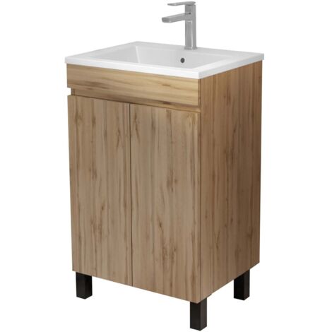 Meuble Salle De Bain Avec Miroir Planetmöbel 50cm - Lavabo Céramique - Fonction Soft-Close - Chêne Doré