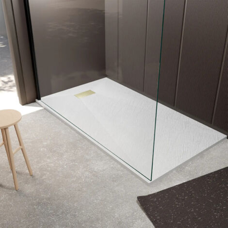 receveur de douche blanc effet pierre 90x160 cm et grille décor perforée or doré brossé