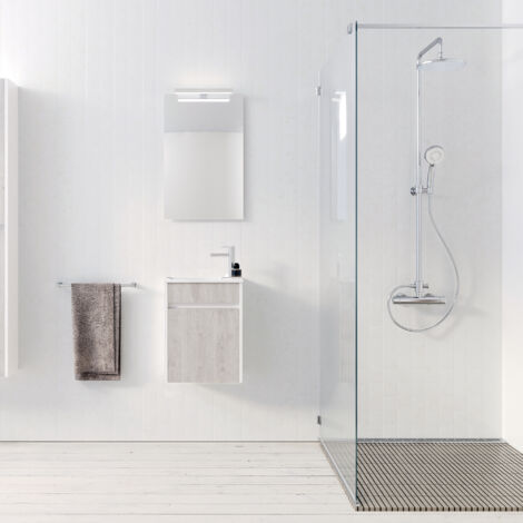 Aurlane – Meuble lave-mains suspendu 50x40x22 cm – Finition gris et blanc – Installation murale – Espace de rangement optimisé (1/5)