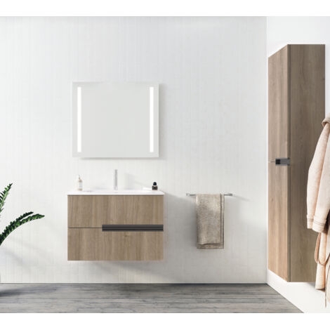 meuble de salle de bains 80cm chêne foncé 2 tiroirs avec vasque céramique blanche - one