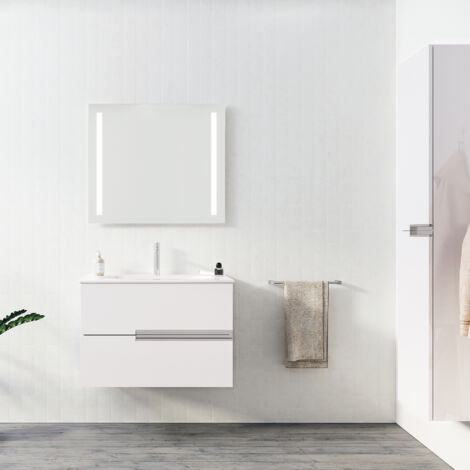 meuble de salle de bains 80cm blanc glossy 2 tiroirs avec vasque céramique blanche - one