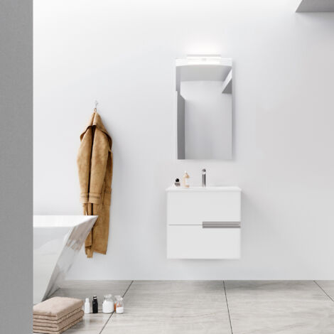 meuble de salle de bains 60cm blanc glossy 2 tiroirs avec vasque céramique blanche - one