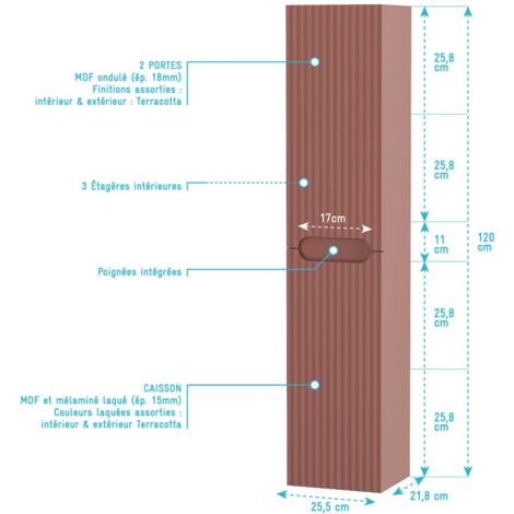 Colonne de salle de bain Terracotta Suspendu - Hauteur 120 cm - 2 Portes - LEON