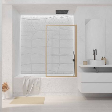 Aurlane – Pare-baignoire rabattable 80x140 cm – Verre trempé 4 mm – Cadre aluminium décor bois – Installation réversible (1/4)
