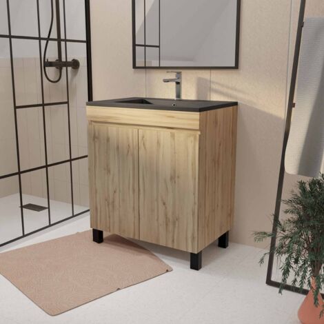 meuble de salle de bains 70 cm timber - décor chêne naturel à portes avec vasque noire
