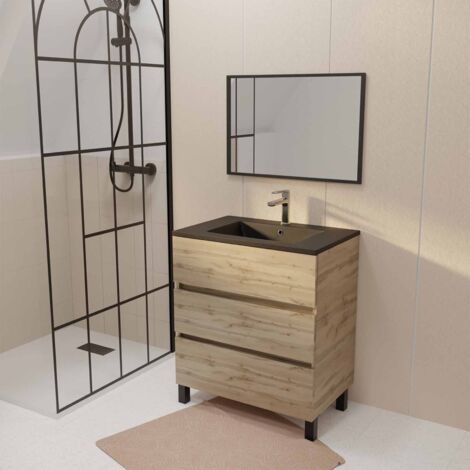 meuble de salle de bains 70cm timber décor chêne naturel 3 tiroirs vasque noire et miroir 70x50