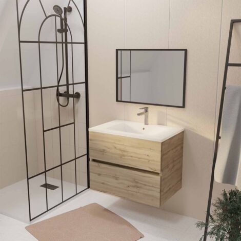 meuble de salle de bains 70cm timber décor chêne naturel 2 tiroirs vasque blanche et miroir 70x50