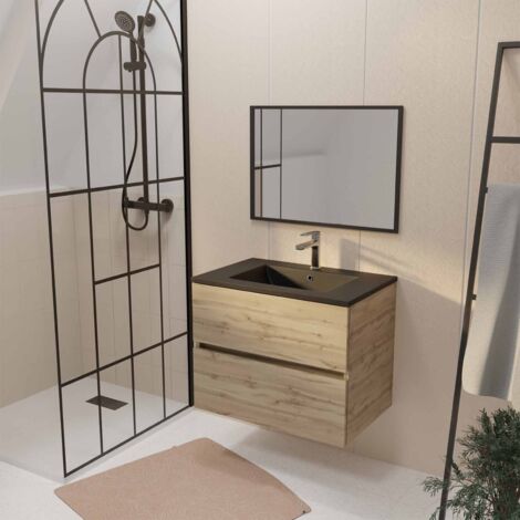meuble de salle de bains suspendu 70 cm timber décor chêne 2 tiroirs vasque noire et miroir 70x50
