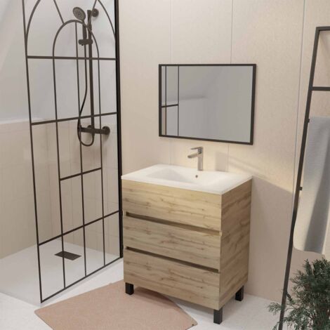 meuble de salle de bains 70cm timber décor chêne naturel 3 tiroirs vasque blanche et miroir 70x50