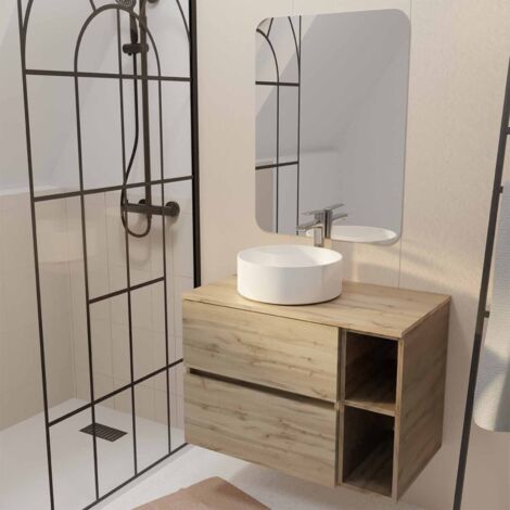 meuble salle de bains 80 timber décor chêne tiroirs + module - vasque blanche - miroir 60x80 (1/4)