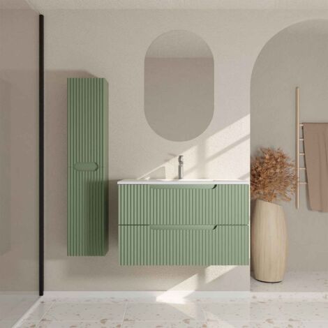 meuble et colonne de salle de bains leon 80cm vert olive - façades ondulées - vasque blanche mate