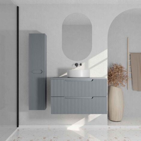 meuble et colonne de salle de bains leon 80cm gris souris - façades ondulées - vasque ronde 36cm (1/5)