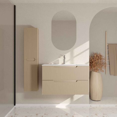 meuble et colonne de salle de bains leon 80cm marron glacé - façades ondulées - vasque blanche mate
