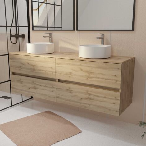 Aurlane – Meuble sous vasque simple 160 cm – Mélaminé décor chêne naturel – 4 tiroirs soft-close – 2 vasques rondes céramique Ø36 cm (1/4)