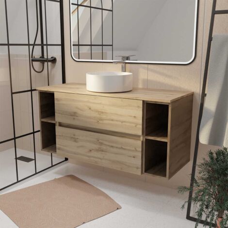 meuble de salle de bains 120 cm timber - décor chêne, 2 tiroirs, vasque blanche à poser (1/4)