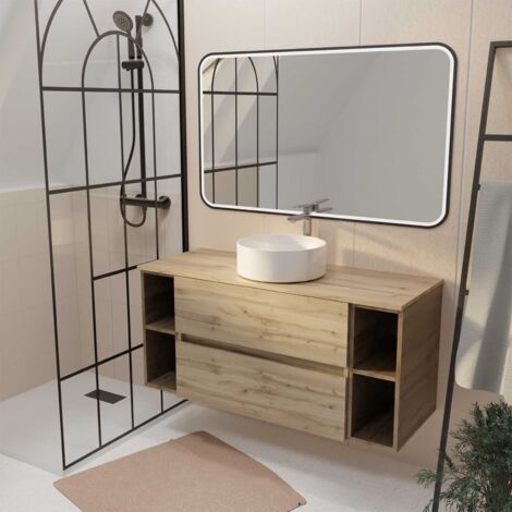 meuble de salle de bains 120 timber décor chêne 2 tiroirs - vasque blanche à poser miroir led 100x70 (1/4)
