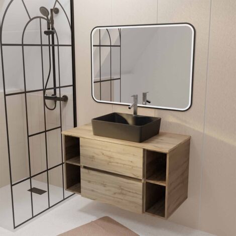 Aurlane – Meuble salle de bains suspendu 100 cm – 2 tiroirs soft-close – Vasque céramique noire rectangulaire – Miroir LED 100x70 cm (1/4)