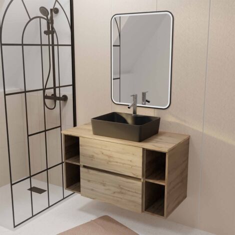 meuble salle de bains 100 timber décor chêne 2 tiroirs vasque noire rectangulaire miroir led 60x80 (1/4)