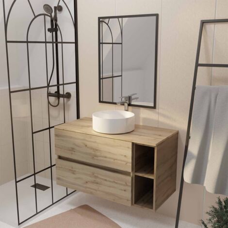 meuble salle de bains 100 timber décor chêne tiroirs + niches - vasque blanche - miroir bords noirs (1/4)