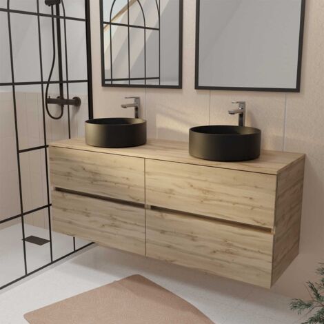 meuble de salle de bains 140 timber décor chêne - 4 tiroirs - 2 vasques rondes noires 36cm