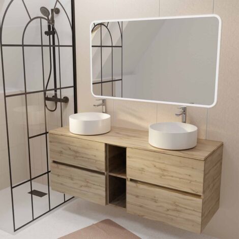 Aurlane – Meuble sous vasque simple 140 cm – 2 caissons en mélaminé décor chêne – 4 tiroirs soft-close – 2 vasques céramique blanche – Miroir LED 120x70 cm (1/4)