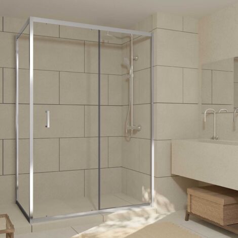 porte de douche coulissante et retour 140x90x200cm - profilés chrome - verre trempé 6mm (1/4)