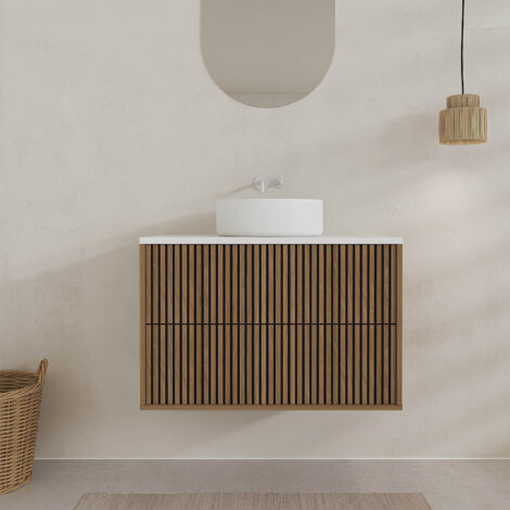 meuble salle de bains yuki 80 2 tiroirs décor chêne et noir cranté - plan et vasque blanche mate