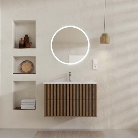 meuble salle de bains yuki 80 - 2 tiroirs décor chêne et noir - vasque blanche - miroir led 70