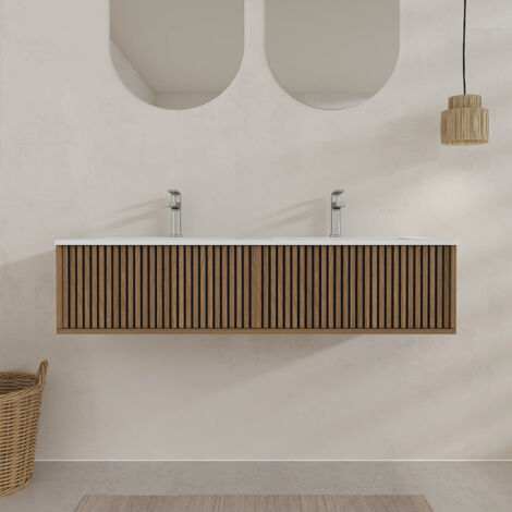 meuble salle de bains 120cm 2 tiroirs décor chêne et noir cranté - vasque blanche mate - yuki