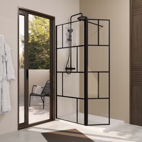 paroi de douche avec volet pivotant 80+40x195cm - verre 8mm anticalcaire - motifs et profilés noir