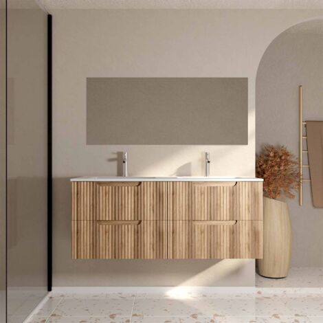 meuble de salle de bains leon 120cm décor bois - 4 tiroirs en mdf ondulés - vasque à encastrer