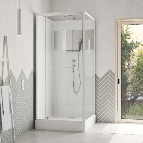 cabine de douche carrée 90x90cm porte pivotante - blanche - bande effet miroir - square stripe