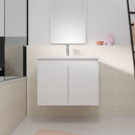 meuble de salle de bains 60cm a suspendre blanc - 2 portes - vasque blanche - elementary