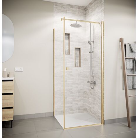 porte de douche pivotante 90x195cm et retour 90cm - verre 8mm anticalcaire - profil or brosse (1/5)