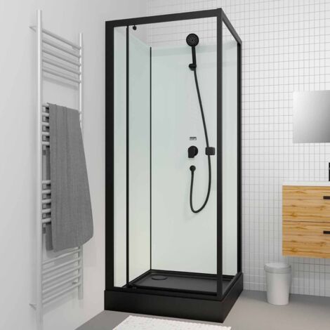 cabine de douche carrée 80x80x200cm - porte pivotante - fonds blancs - receveur et profilés noirs