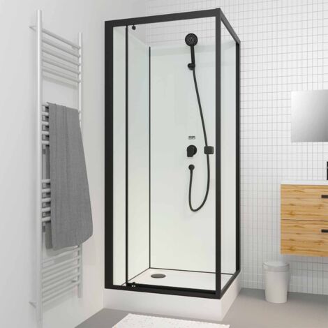 cabine de douche carrée 80x80x200 cm - porte pivotante - fonds blancs & profilés noir mat
