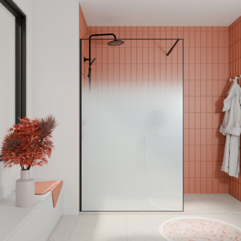 paroi de douche 120x200cm - verre degrade blanc effet brume - encadrement noir mat - nephelie (1/5)