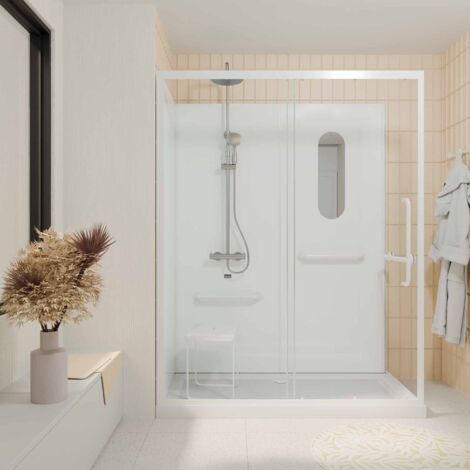 cabine de douche blanche sécurisée et accessible à tous 160x85x220cm - mitigeur thermostatique